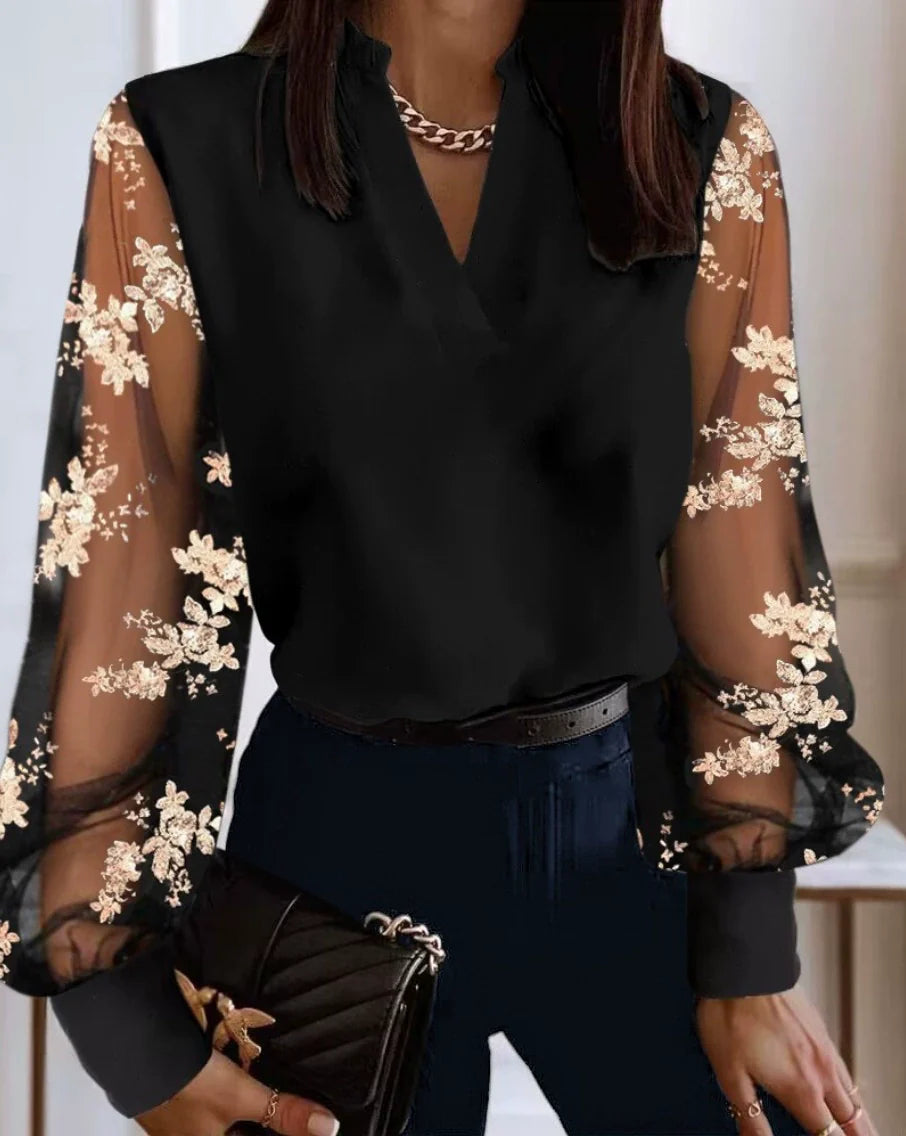 Chic Sheer Sleeve Blouse with Pearl Accents for Women Elegant Celestial Star Design