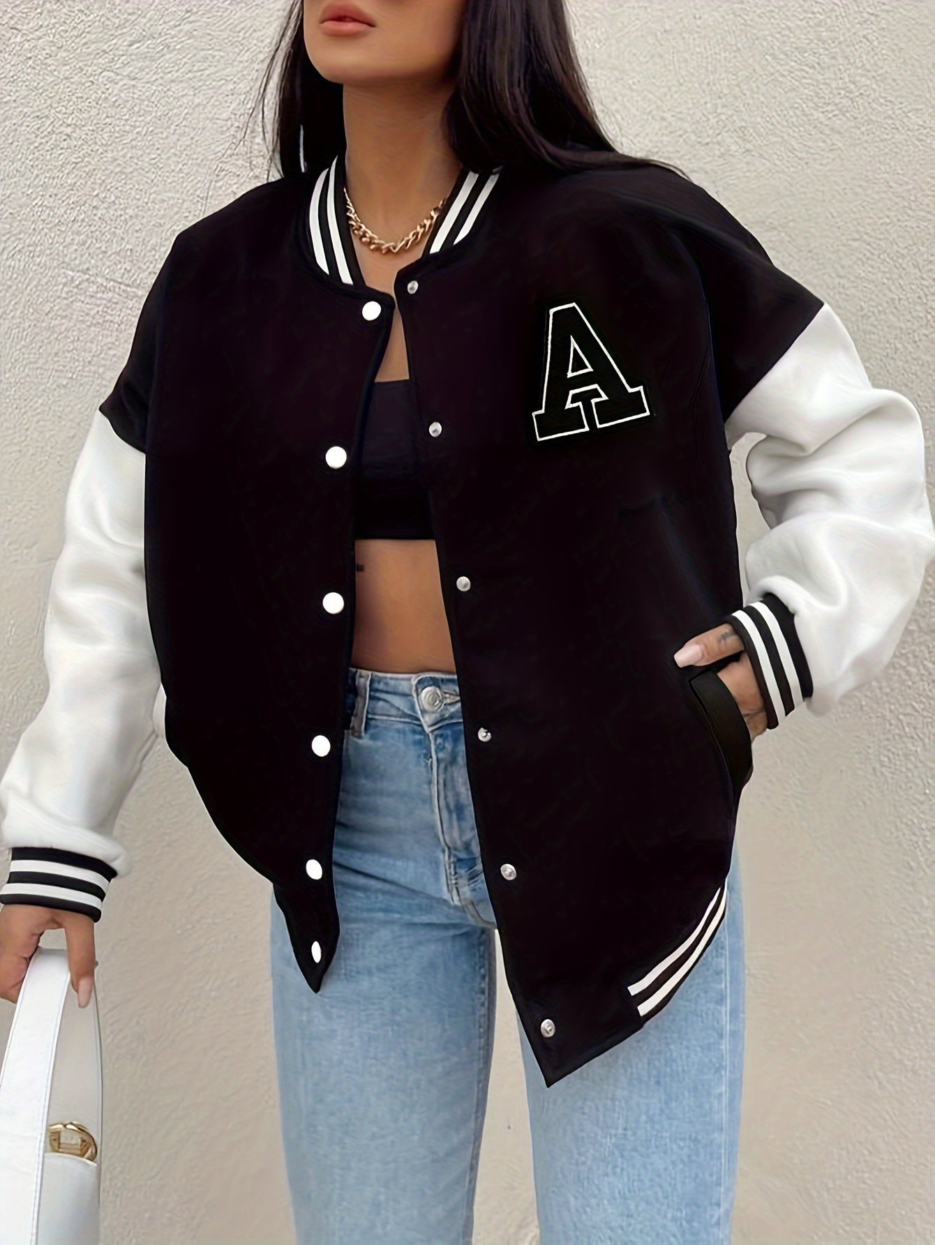 Women's Color Block Letter Print Bomber Jacket Wendy - Trendy Casual Outerwear for Spring and Autumn