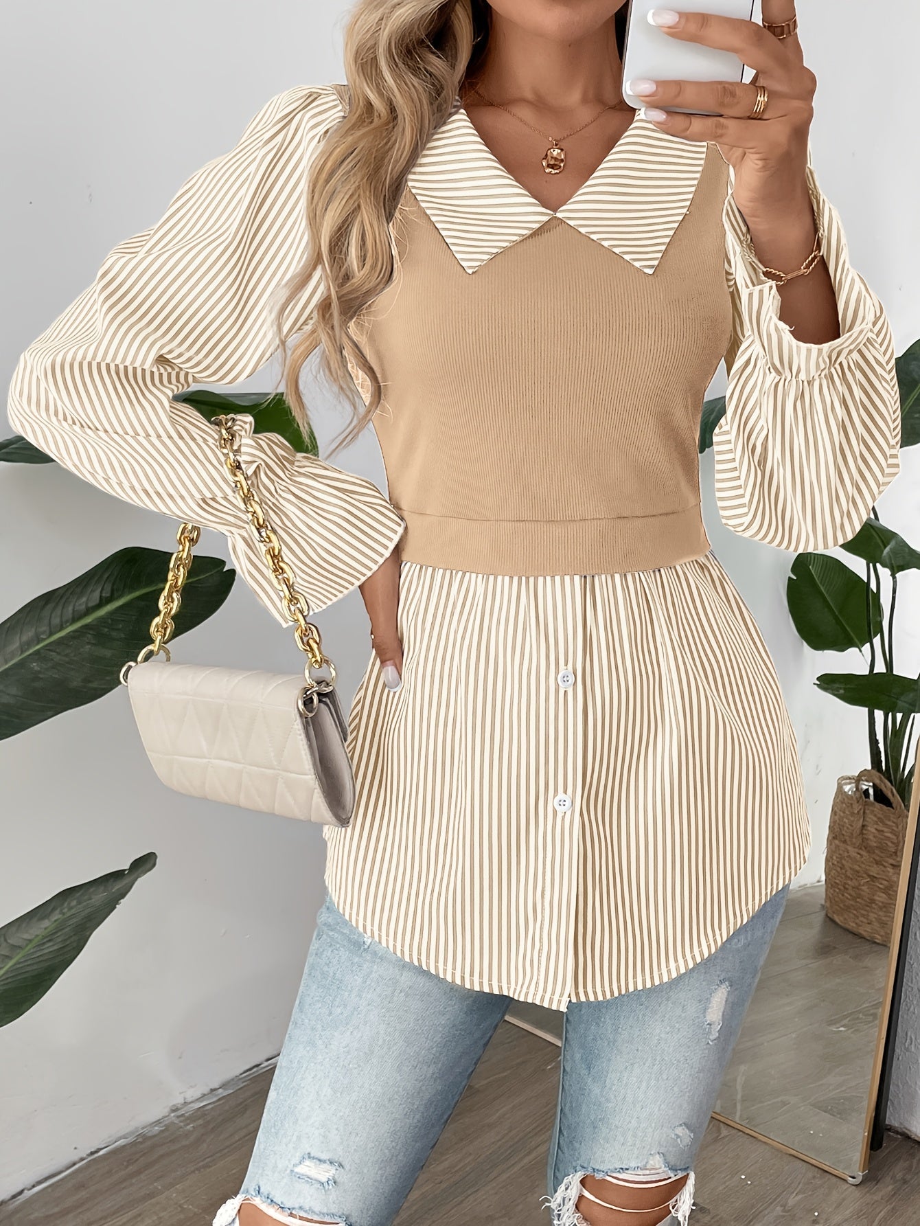 Lila Womens Striped Color Block Blouse with Button Front for Stylish Women