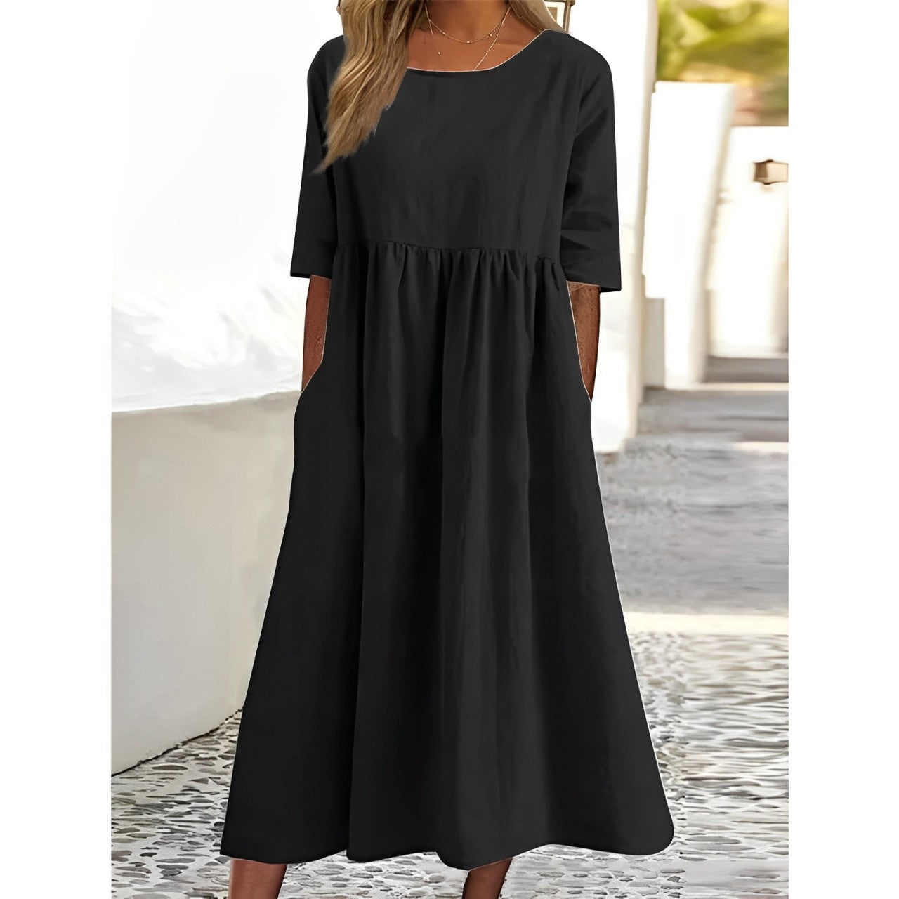 Harper - Vintage Midi Dress in Breathable Cotton Linen with Pleated Detail for Women
