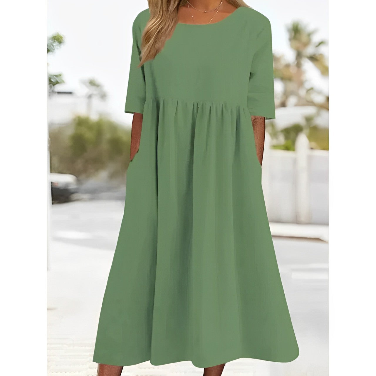 Harper - Vintage Midi Dress in Breathable Cotton Linen with Pleated Detail for Women