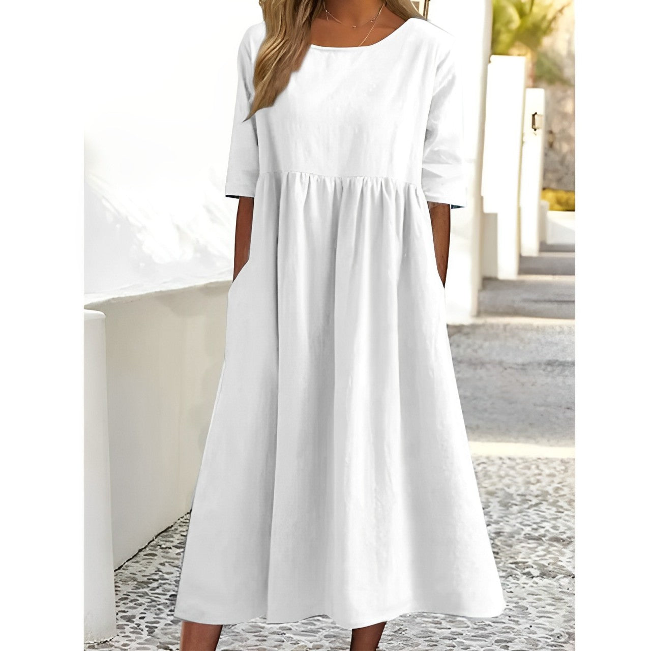 Harper - Vintage Midi Dress in Breathable Cotton Linen with Pleated Detail for Women