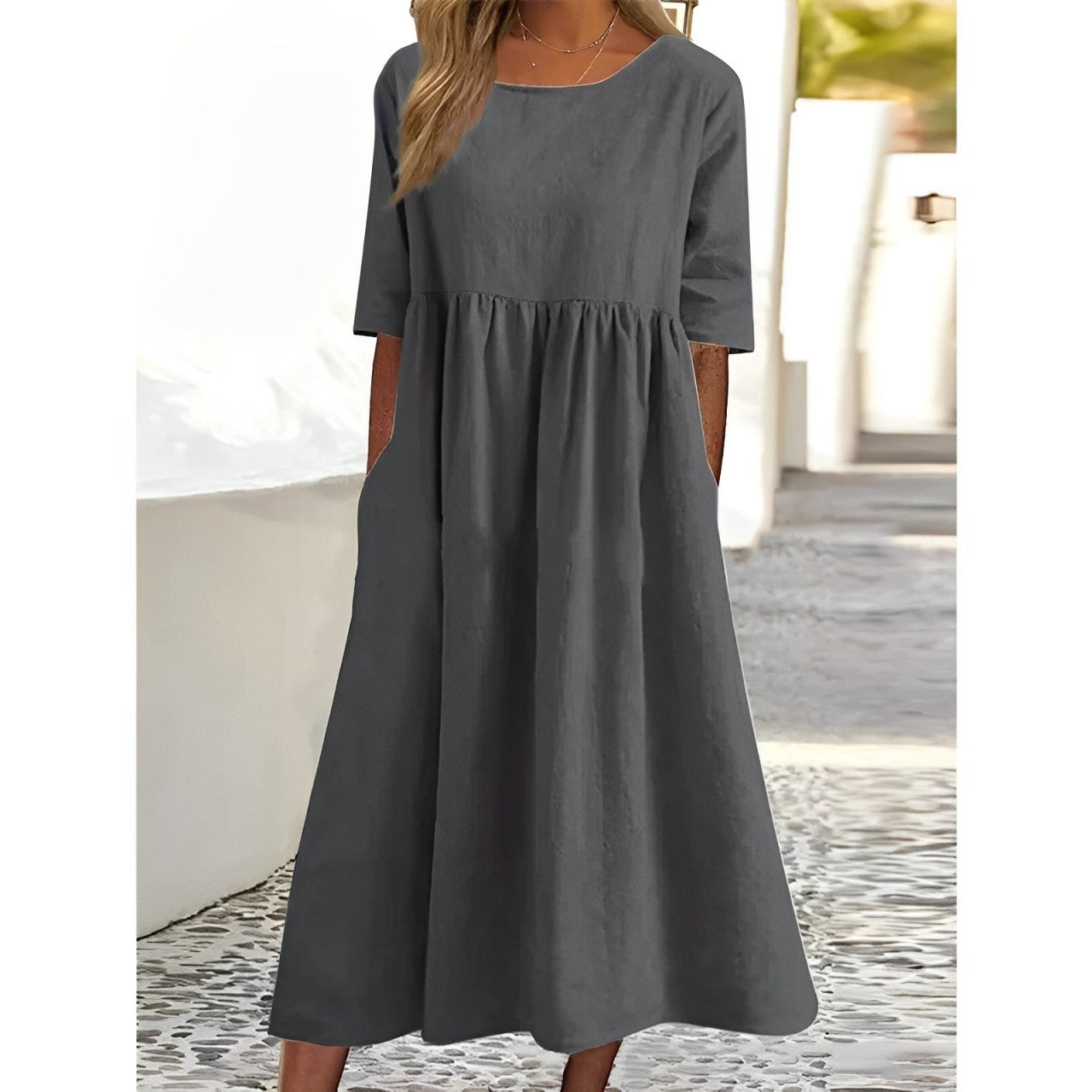 Harper - Vintage Midi Dress in Breathable Cotton Linen with Pleated Detail for Women