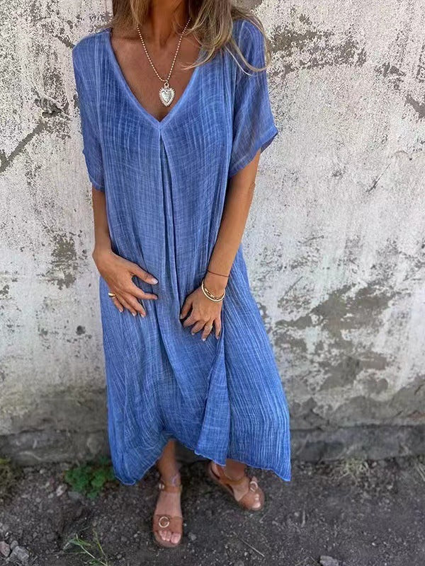 Lightweight Breathable Linen V-Neck Midi Dress with Short Sleeves for Women