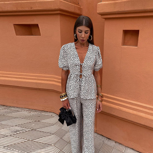 Boho Chic Women's Two-Piece Linen Set - Puff Sleeve Tie-Front Top with High-Waist Wide-Leg Pants