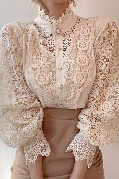 Chic Women's Blouse Featuring Embroidered Openwork Accents for Elegant Casual Wear