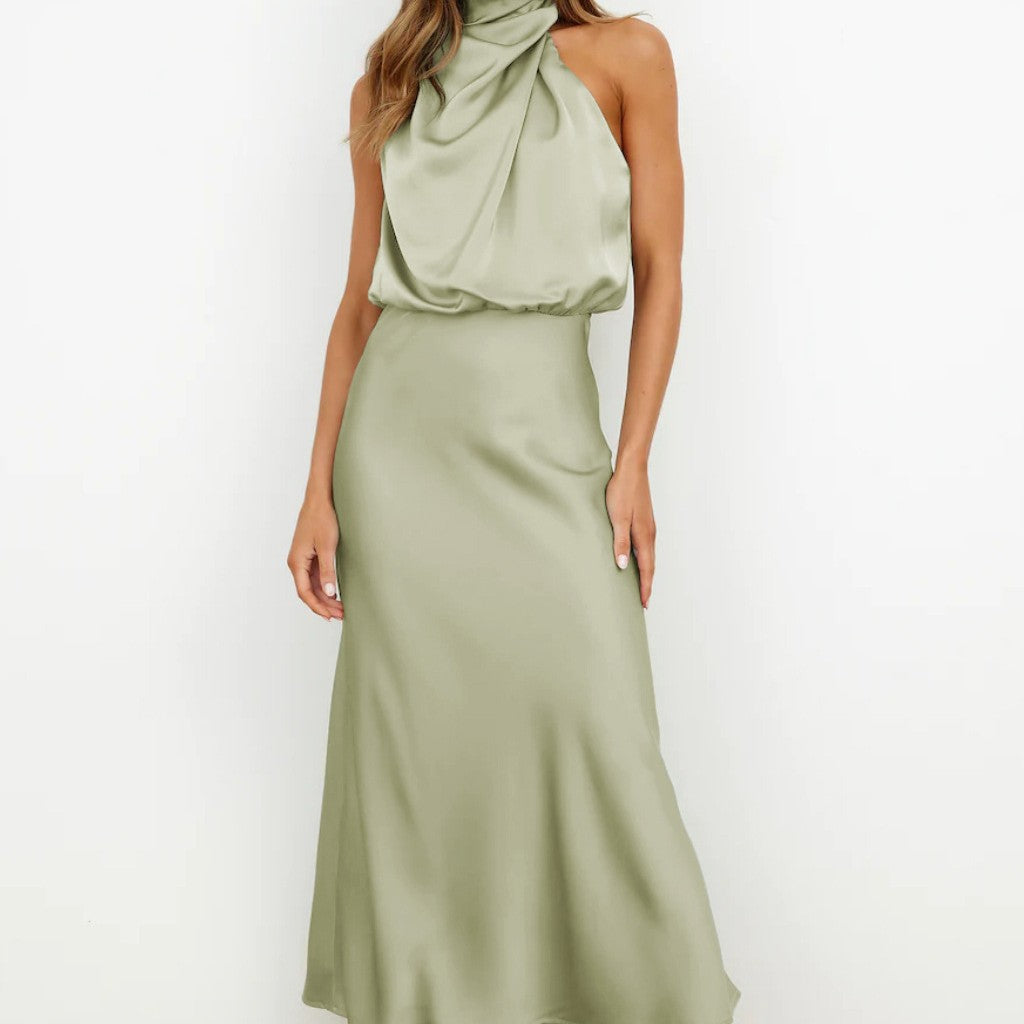 Elegant One-Shoulder Satin Midi Dress for Women - Draped Design with Fitted Waist