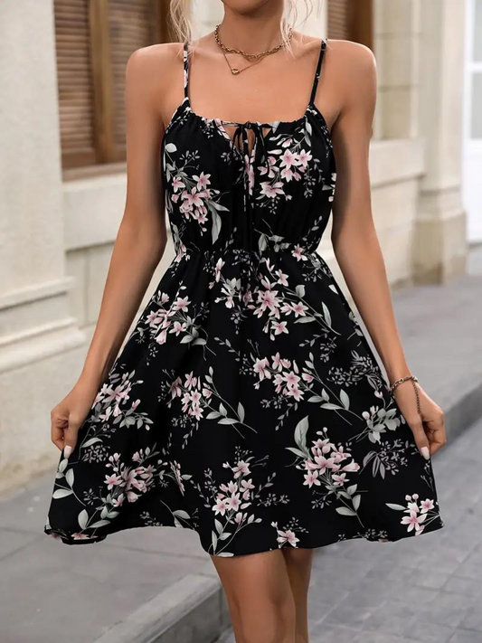 Floral Print A-Line Dress for Women Sleeveless Spaghetti Straps Scoop Neck Tie Detail