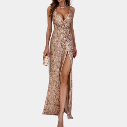 Elegant Floor-Length V-Neck Evening Gown for Women Sequin Embellished High Slit