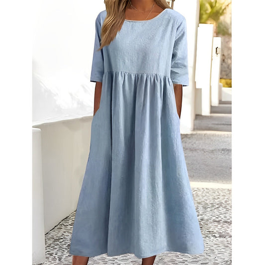 Harper - Vintage Midi Dress in Breathable Cotton Linen with Pleated Detail for Women
