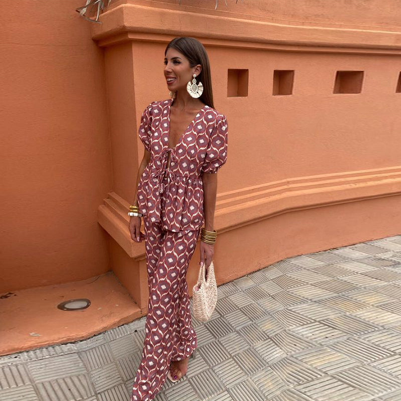 Boho Chic Women's Two-Piece Linen Set - Puff Sleeve Tie-Front Top with High-Waist Wide-Leg Pants