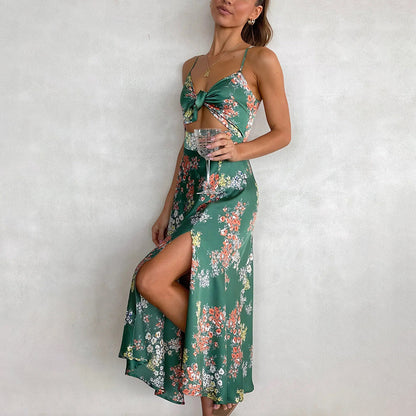 Elegant Floral Midi Dress for Women - Tie-Front Cut-Out Design - Spaghetti Straps - Flowy Fit