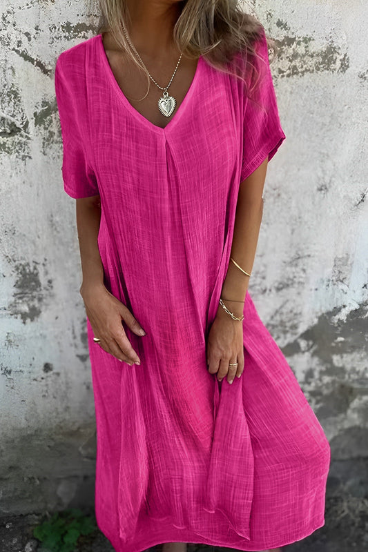 Lightweight Breathable Linen V-Neck Midi Dress with Short Sleeves for Women