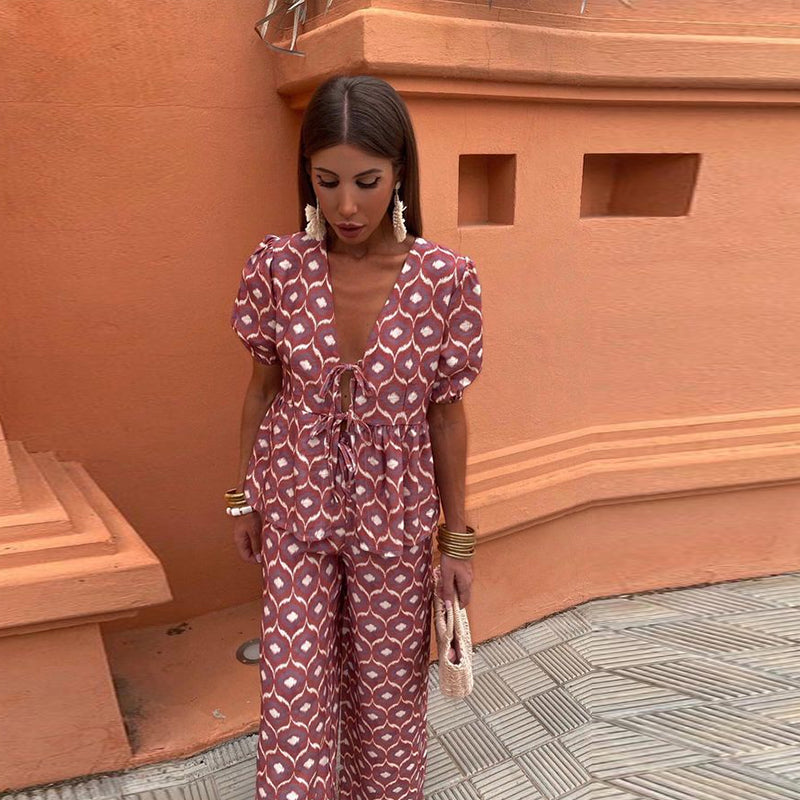 Boho Chic Women's Two-Piece Linen Set - Puff Sleeve Tie-Front Top with High-Waist Wide-Leg Pants