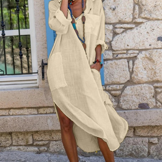 Relaxed Fit Women's Cotton Linen Shirt Dress - Button Front - Long Flowing Design