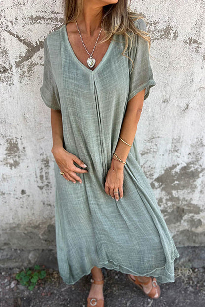 Lightweight Breathable Linen V-Neck Midi Dress with Short Sleeves for Women