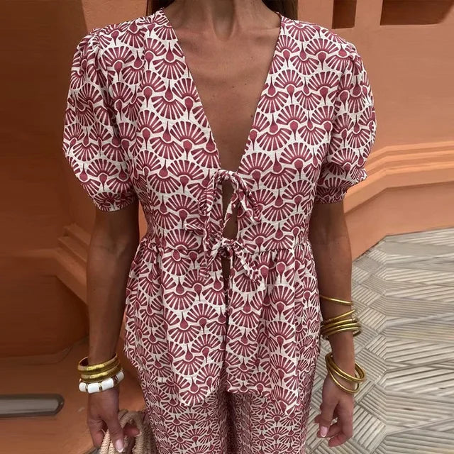 Boho Chic Women's Two-Piece Linen Set - Puff Sleeve Tie-Front Top with High-Waist Wide-Leg Pants