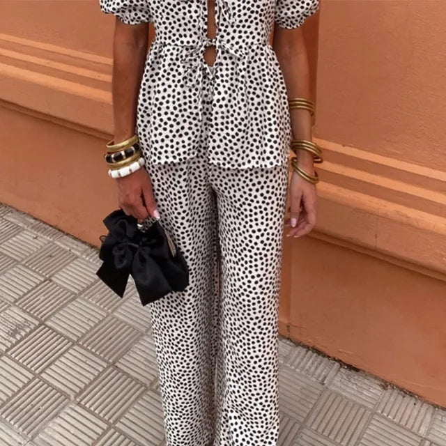 Boho Chic Women's Two-Piece Linen Set - Puff Sleeve Tie-Front Top with High-Waist Wide-Leg Pants
