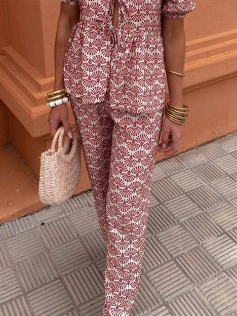 Boho Chic Women's Two-Piece Linen Set - Puff Sleeve Tie-Front Top with High-Waist Wide-Leg Pants