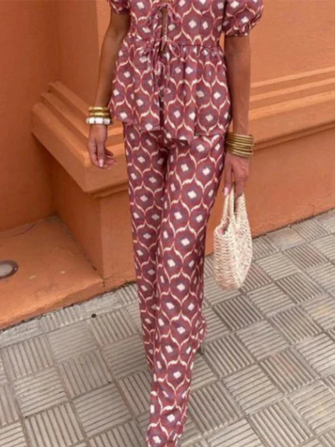 Boho Chic Women's Two-Piece Linen Set - Puff Sleeve Tie-Front Top with High-Waist Wide-Leg Pants