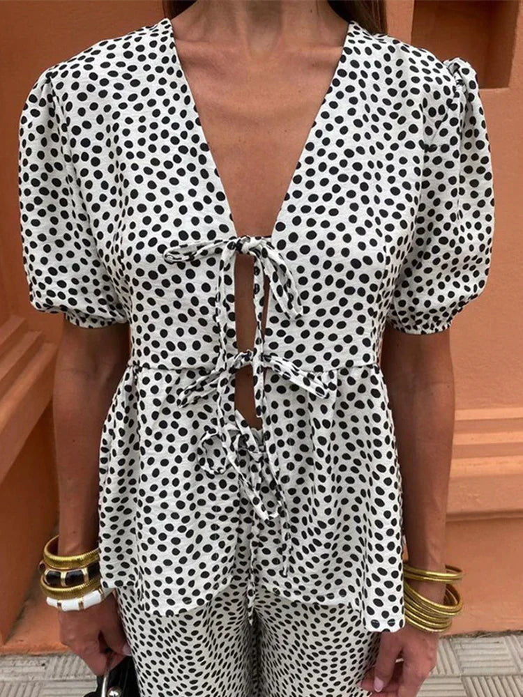 Boho Chic Women's Two-Piece Linen Set - Puff Sleeve Tie-Front Top with High-Waist Wide-Leg Pants