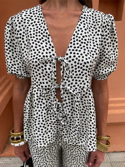 Boho Chic Women's Two-Piece Linen Set - Puff Sleeve Tie-Front Top with High-Waist Wide-Leg Pants