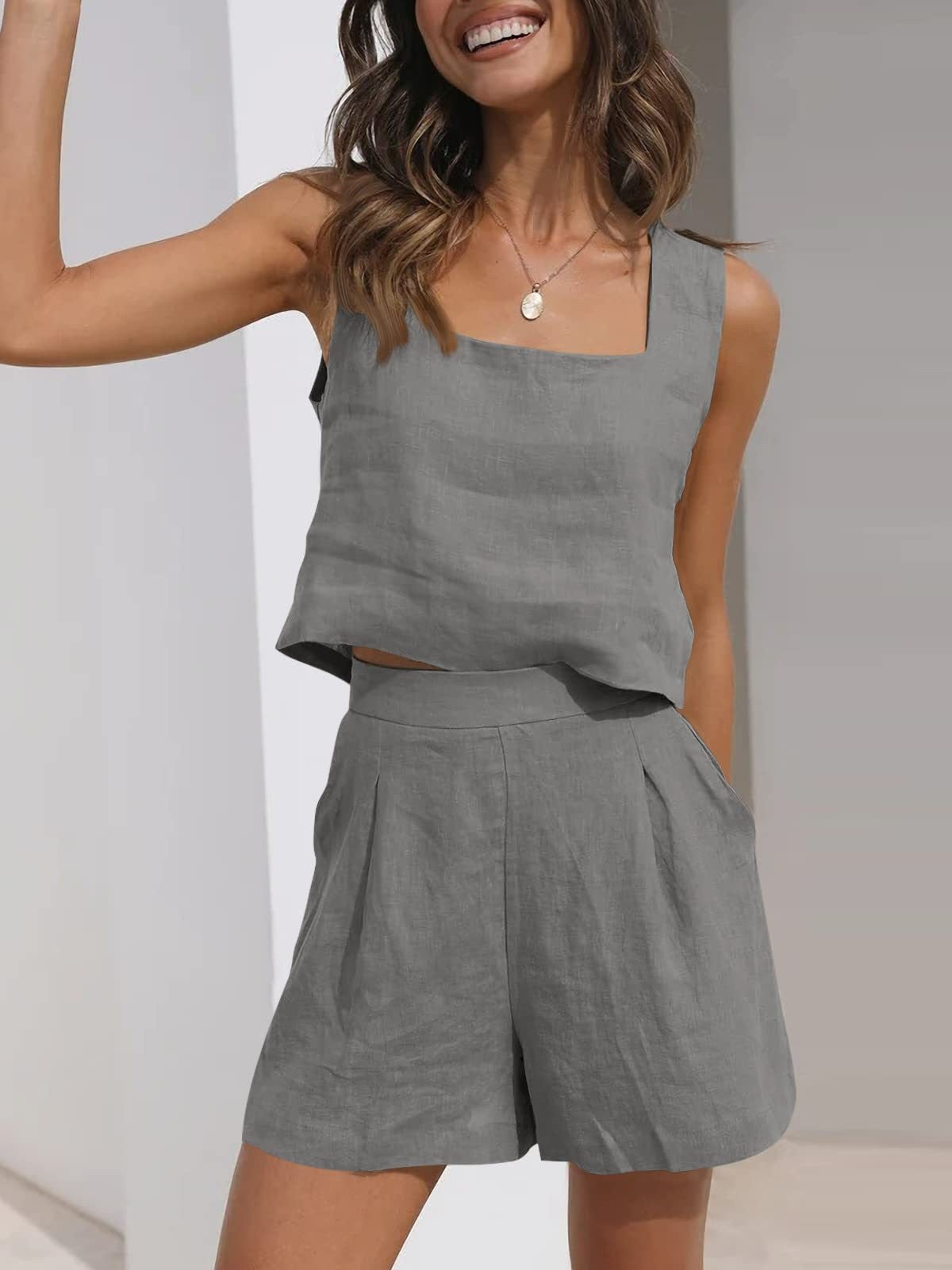 Women's Linen Blend Two-Piece Set - Cropped Square Neck Top & Pleated Shorts - Relaxed Fit