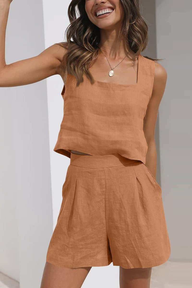 Women's Linen Blend Two-Piece Set - Cropped Square Neck Top & Pleated Shorts - Relaxed Fit