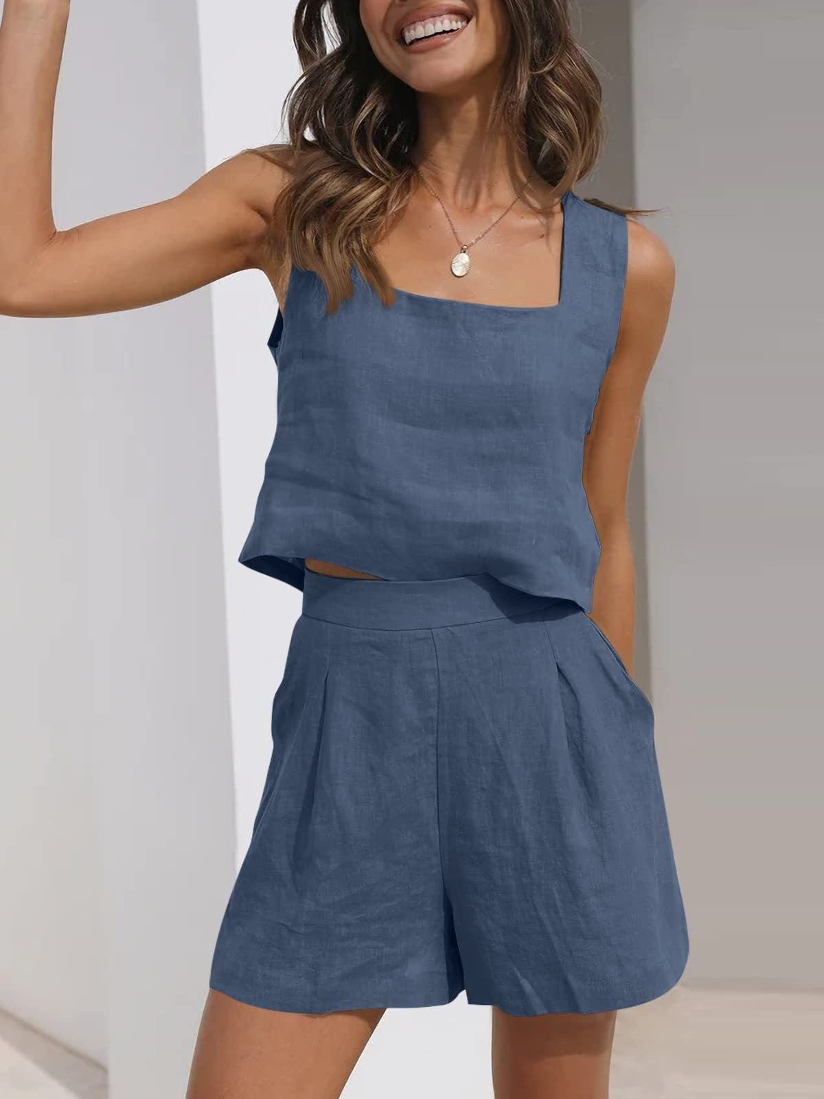 Women's Linen Blend Two-Piece Set - Cropped Square Neck Top & Pleated Shorts - Relaxed Fit