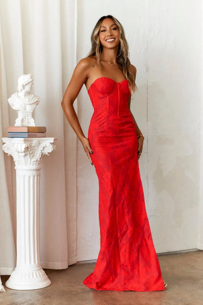 Elegant Strapless Women's Evening Prom Dress with Corset Bodice, Sweetheart Neckline, and High Slit