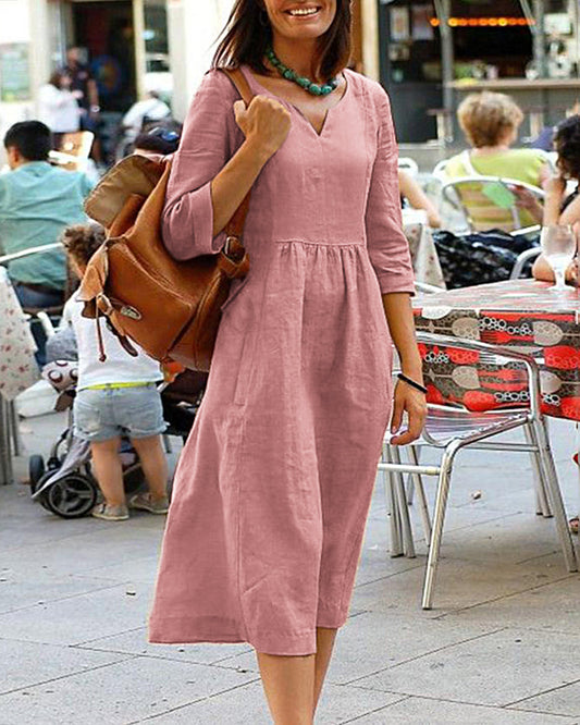 V-Neck Three-Quarter Sleeve Women's Midi Dress in Linen Blend for Casual and Elegant Looks