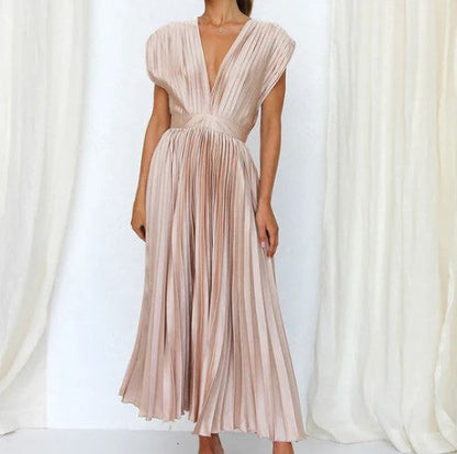 Elegant Women's Sleeveless Pleated Midi Dress with Deep V-Neck for Formal Occasions