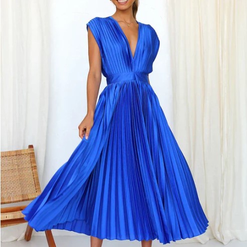 Elegant Women's Sleeveless Pleated Midi Dress with Deep V-Neck for Formal Occasions