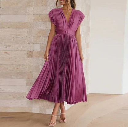 Elegant Women's Sleeveless Pleated Midi Dress with Deep V-Neck for Formal Occasions
