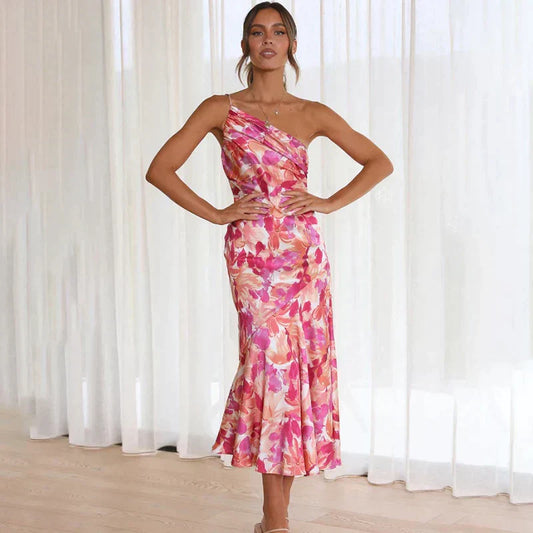 Elegant Floral Midi Dress for Women One-Shoulder Satin Style - Chic Evening Dress