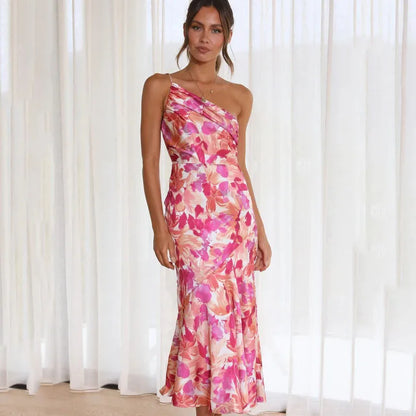 Elegant Floral Midi Dress for Women One-Shoulder Satin Style - Chic Evening Dress