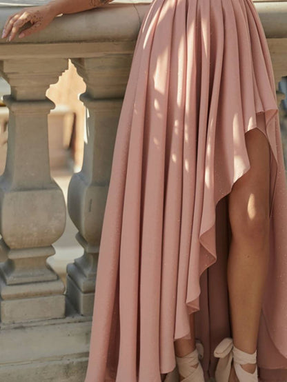 Elegant Women's Evening Dress – V-Neck with Asymmetrical Hem – Flowy Fit
