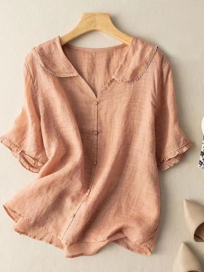 Chic Short Sleeve Button-Up Blouse with Peter Pan Collar for Women