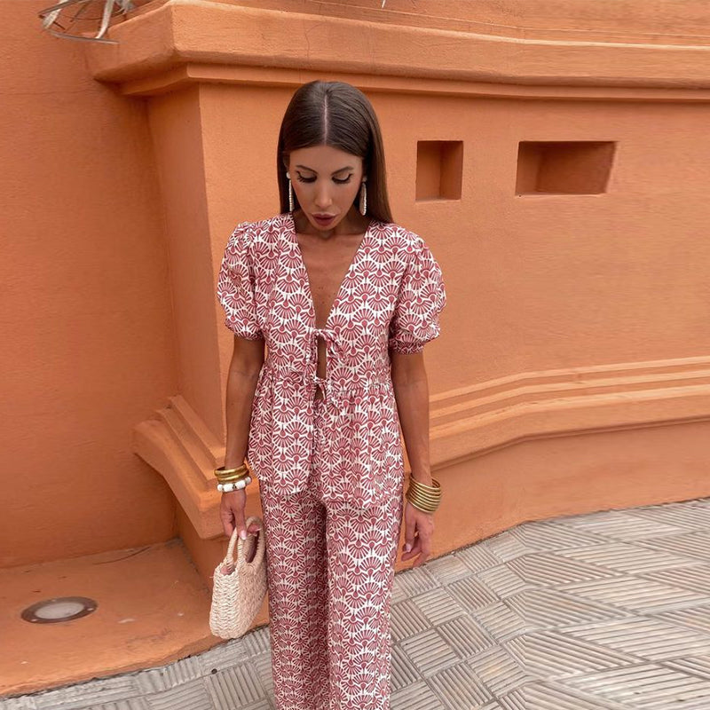 Boho Chic Women's Two-Piece Linen Set - Puff Sleeve Tie-Front Top with High-Waist Wide-Leg Pants