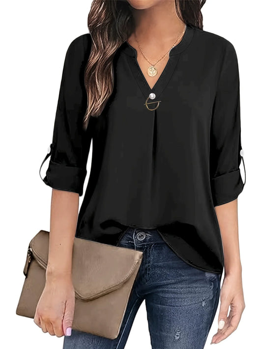 Chic Women’s V-Neck Blouse with Rolled-Up Sleeves for Effortless Elegance