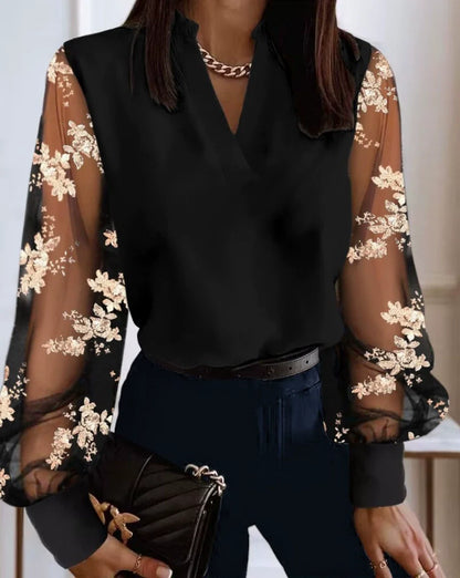 Chic Sheer Sleeve Blouse with Pearl Accents for Women Elegant Celestial Star Design