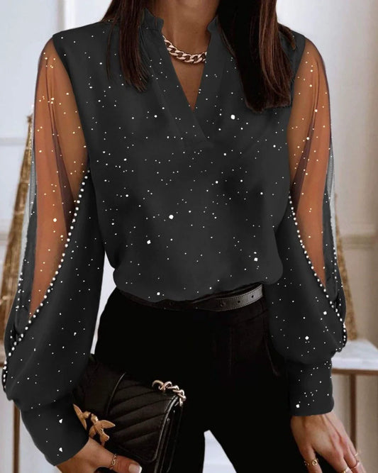 Chic Sheer Sleeve Blouse with Pearl Accents for Women Elegant Celestial Star Design