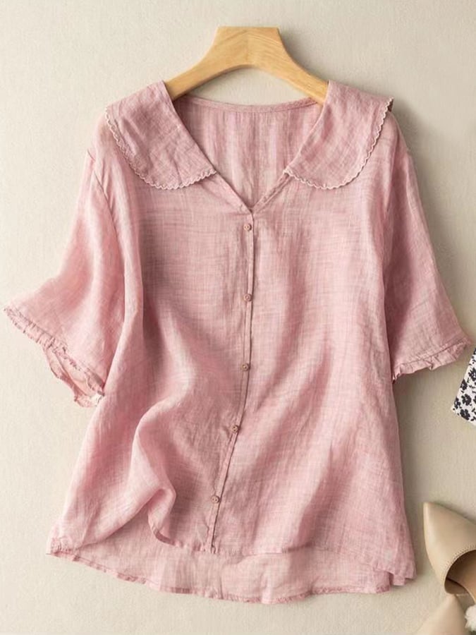 Chic Short Sleeve Button-Up Blouse with Peter Pan Collar for Women