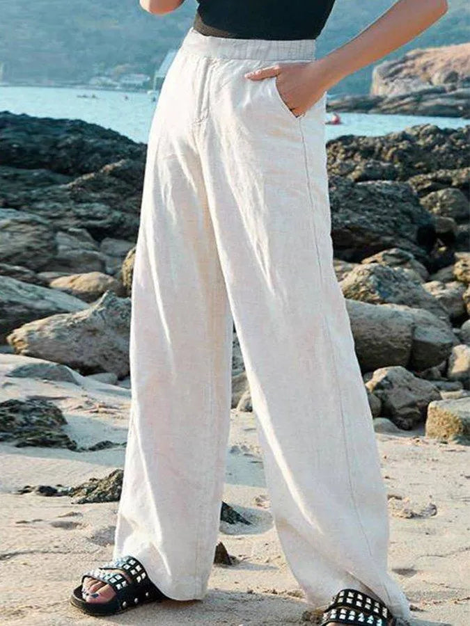 High-Waisted Women's Wide-Leg Linen Trousers - Breathable and Lightweight for Summer Comfort