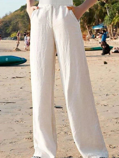 High-Waisted Women's Wide-Leg Linen Trousers - Breathable and Lightweight for Summer Comfort