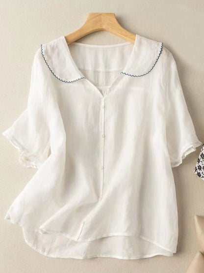 Chic Short Sleeve Button-Up Blouse with Peter Pan Collar for Women