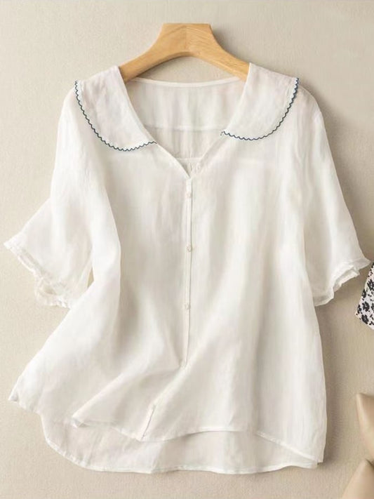 Chic Short Sleeve Button-Up Blouse with Peter Pan Collar for Women