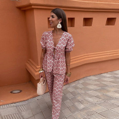 Boho Chic Women's Two-Piece Linen Set - Puff Sleeve Tie-Front Top with High-Waist Wide-Leg Pants